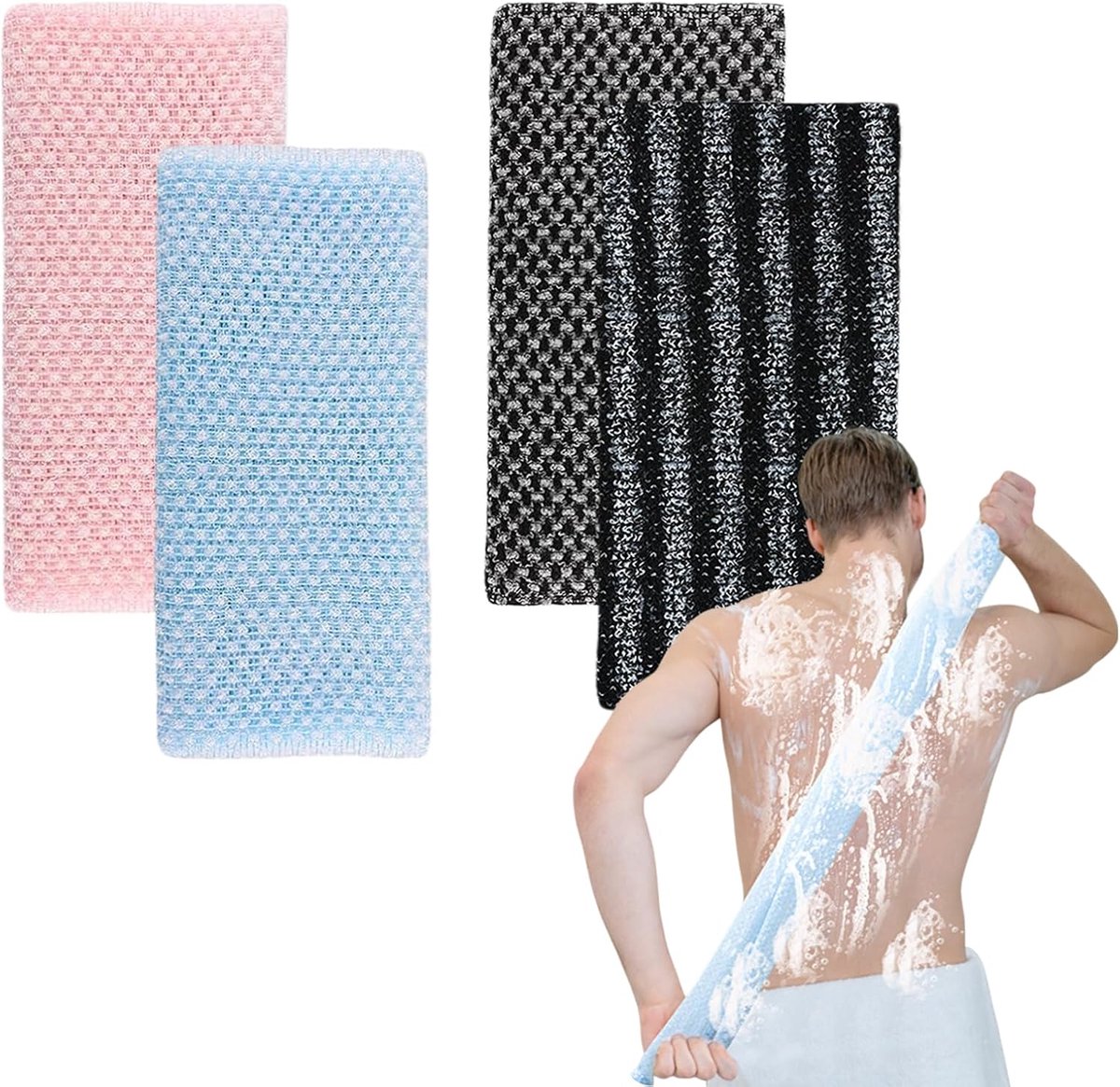 4 stuks Japanse exfoliërende handdoekenset, exfoliërende antibacteriële douchehanddoek, extra lange diepe exfoliërende washandje, lichaamscrub, loofah rugscrubber voor mannen en vrouwen