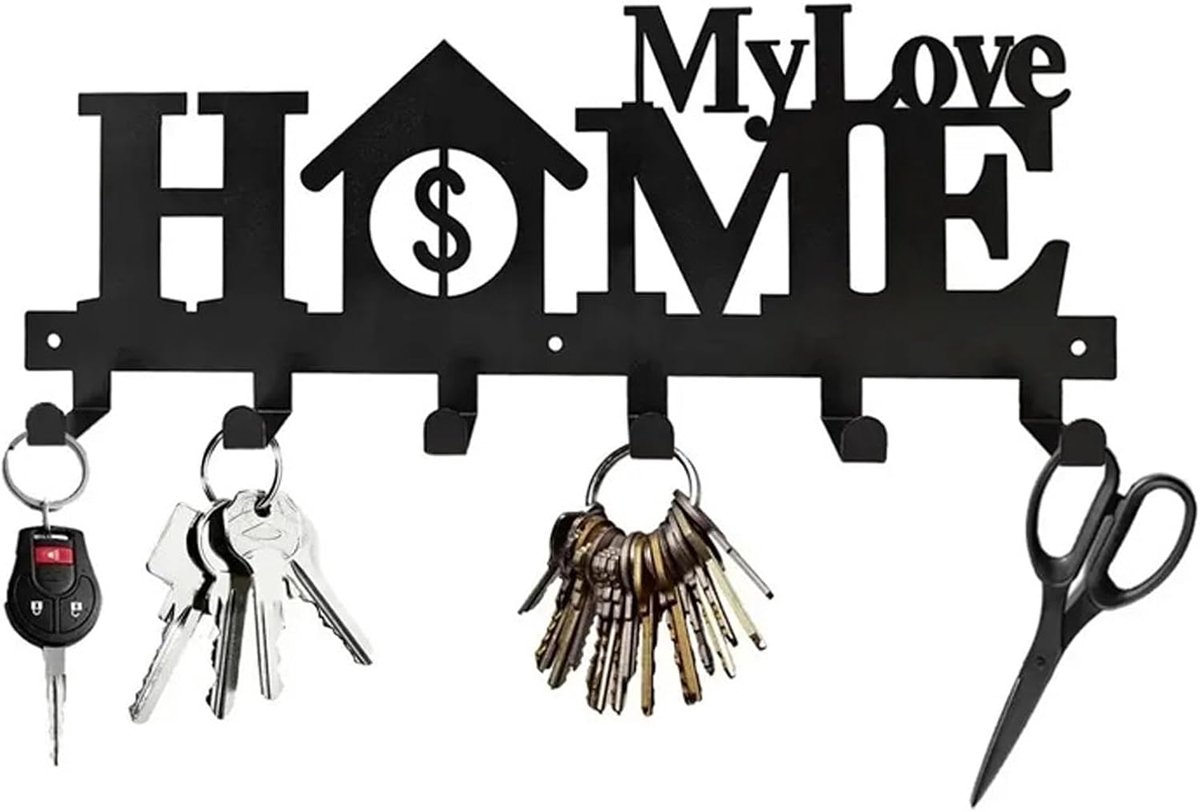 Sleutelbord Modern met 6 Haken, Huis Sleutelrek Wand, Sleutelopslag Gang Zwart Sleutelplank, Home Sweet Home Key Holder Wand voor Entree, Gang, Kantoor, 30 X 12 CM