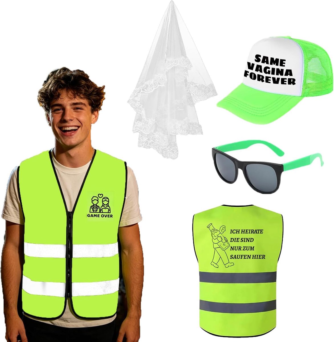 Herenvest, JGA kostuumset, decoratie veiligheidsvest, met hoed voor vrijgezellenfeest, sluier en glazen, voor heren, vrijgezellenfeest, bruiloftsdecoratie