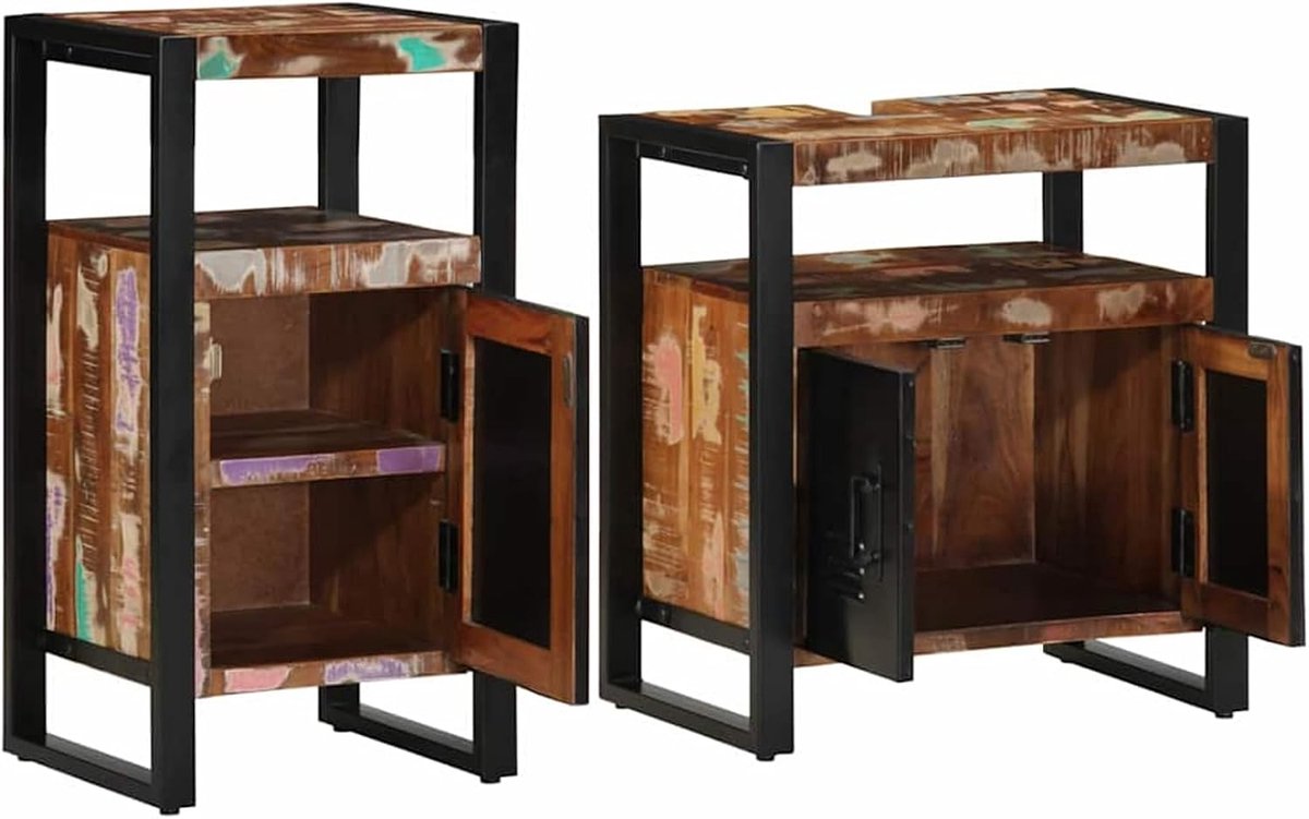 Badkamermeubelset met deur, 2 stuks, bruin, gerecycled massief hout, badkamermeubelset, badkamerkast, opbergkast voor make-up, wastafel, 3305603