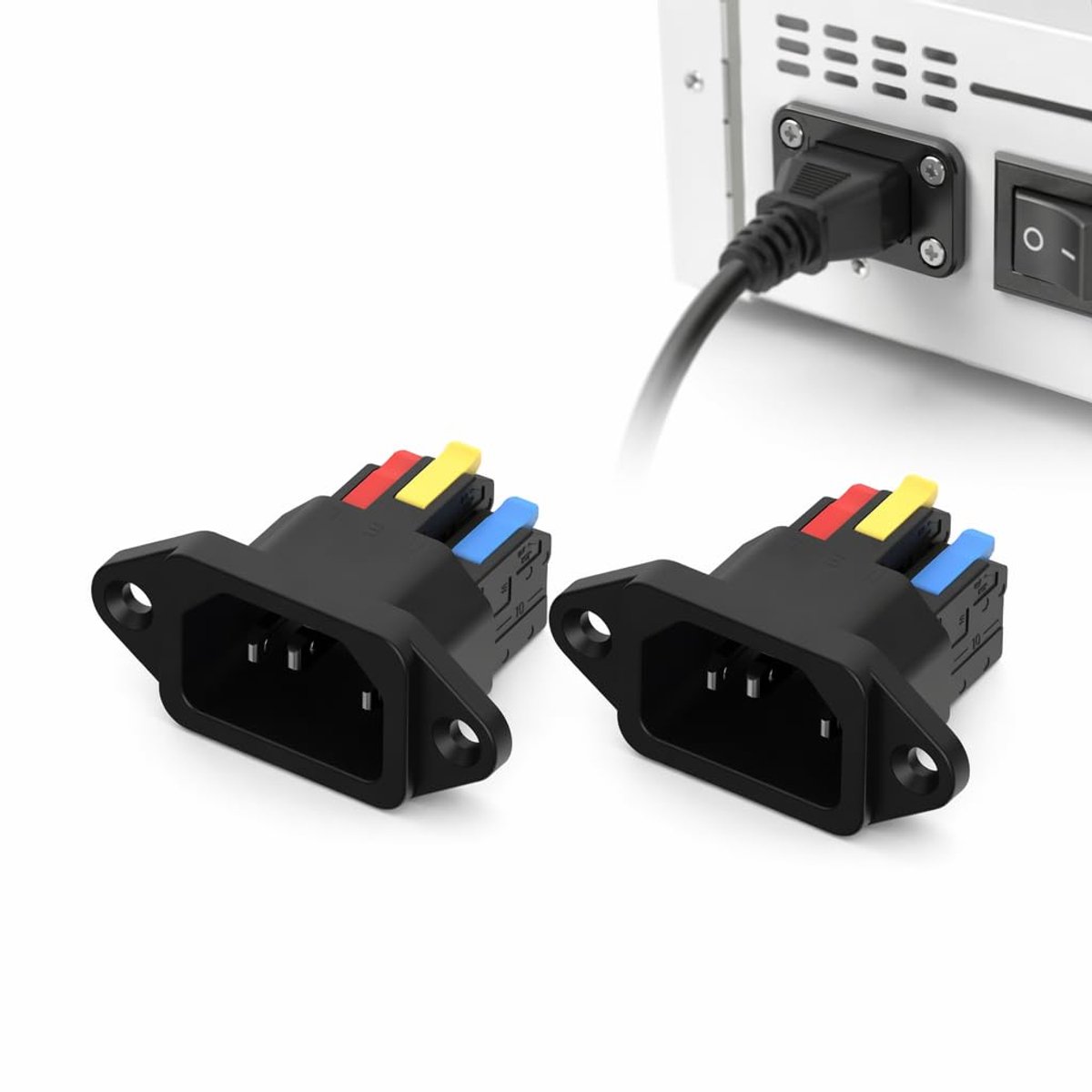 2 stuks C14-aansluiting voor koudapparaten, 3-polig, snap-in/clip-on, IEC paneelinbouw, 10 A, 250 V, zwart, geen solderen nodig, vervanging voor pc, voeding, apparaten