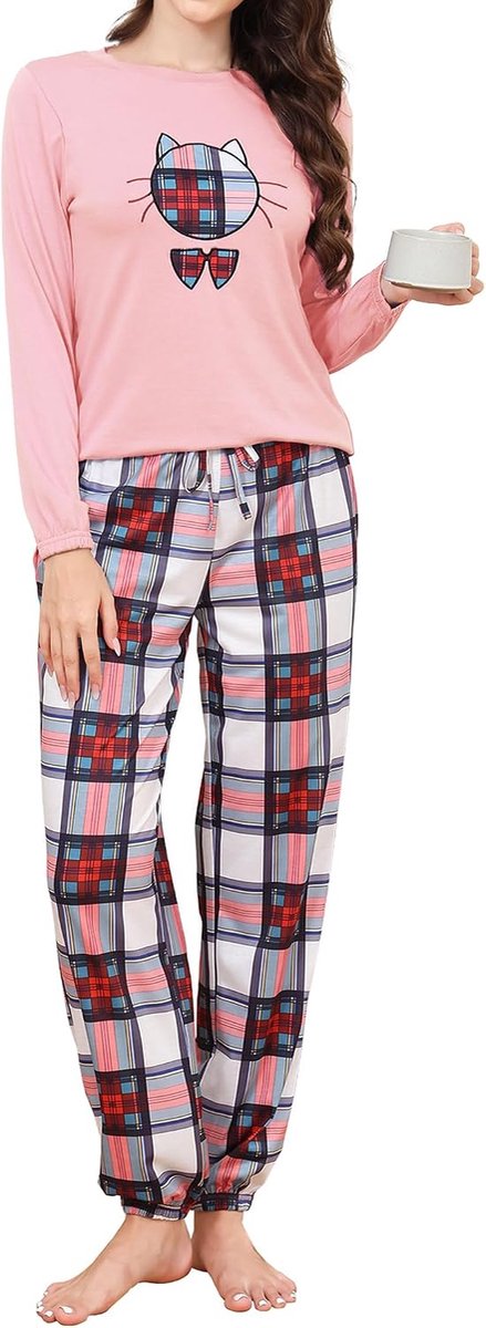Pyjama Dames Lange Pyjama Katoenen Winter Pyjama Set Ronde Hals Top en Pyjamabroek Lange Mouwen Loungewear Nachtkleding Huispak Gezellig Vrijetijdspak