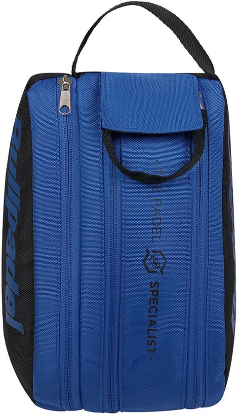 Blauwe Bullpadel toilettas met zwarte zijkanten, met "Bullpadel" en "THE PADEL SPECIALIST" opdruk.