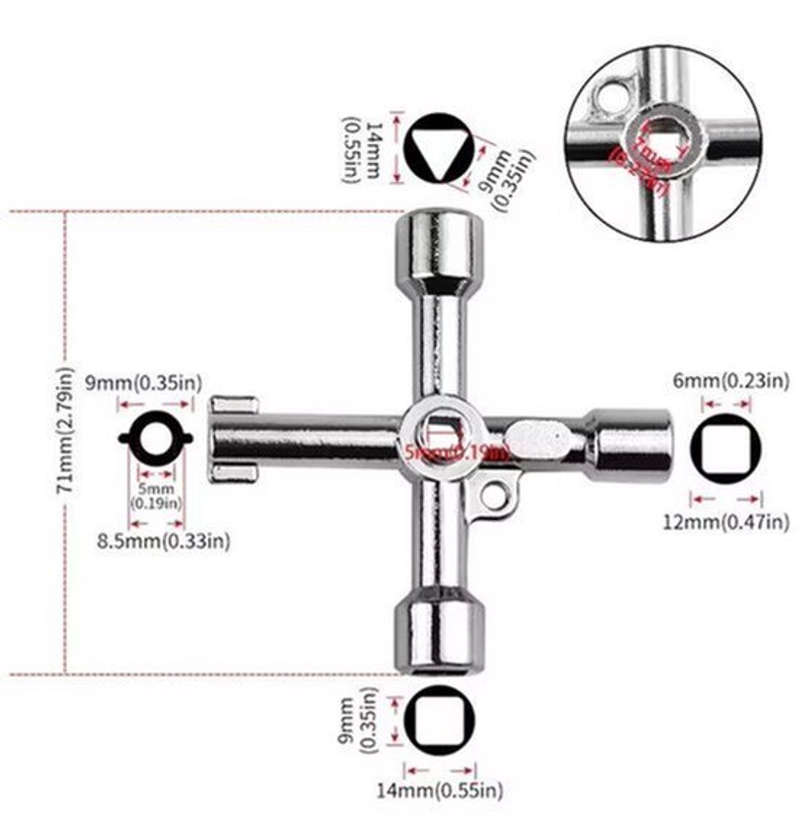 Universele Kruissleutel voor Elektrische Kasten – 4-in-1 Nutsleutel met Driehoek, Vierkant en Zeskant – Multitool voor Elektriciteitskasten, Gasmeters, Watermeters, Valves en Liften – Zinklegering