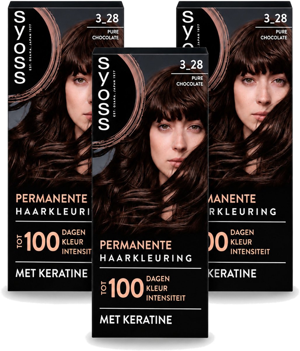 3 x SYOSS - Coloration 3-28 Pure Chocolade - Haarverf - Grijsdekking - Vermindert Haarbreuk - Voordeelverpakking - 3 stuks
