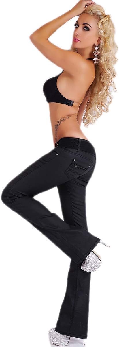 Jeans broek kunstleer leder wet look imitatieleer uitlopende broek riem