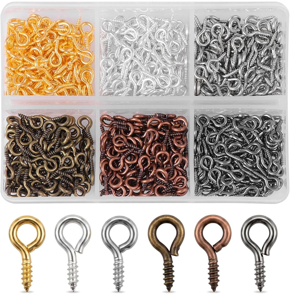 600 stuks mini-oogschroeven, schroefogen en oogschroeven voor het maken van sieraden, metalen ringschroeven, kleine schroefogen voor doe-het-zelf knutselen, hangers en handwerk (4 × 8 mm, zes kleuren)