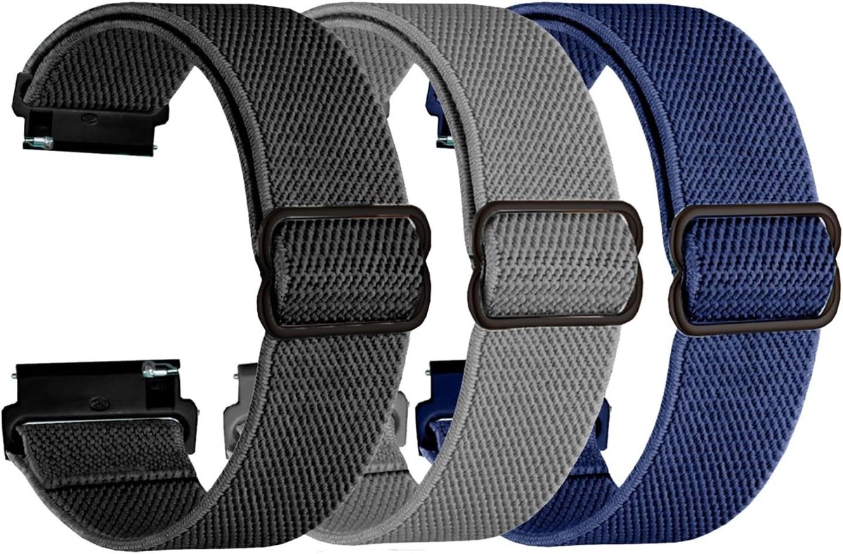 3-delige 20mm Nylon Horlogeband Set, Verstelbare Nylon Stoffen Horlogebanden voor Mannen en Vrouwen - Zwart, Donkerblauw, Donkergrijs, Duurzaam en Comfortabel