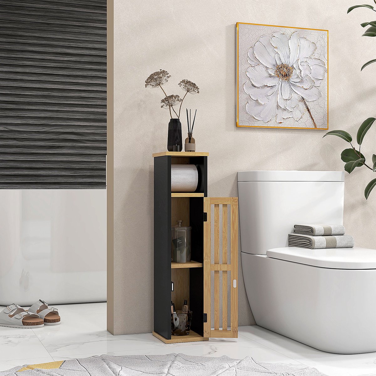 Badkast met open plank en kastje - Open legplank - Opbergkastje met deur - Compact formaat 18x18x75 cm - Bamboe en MDF - Zwart en houtkleur