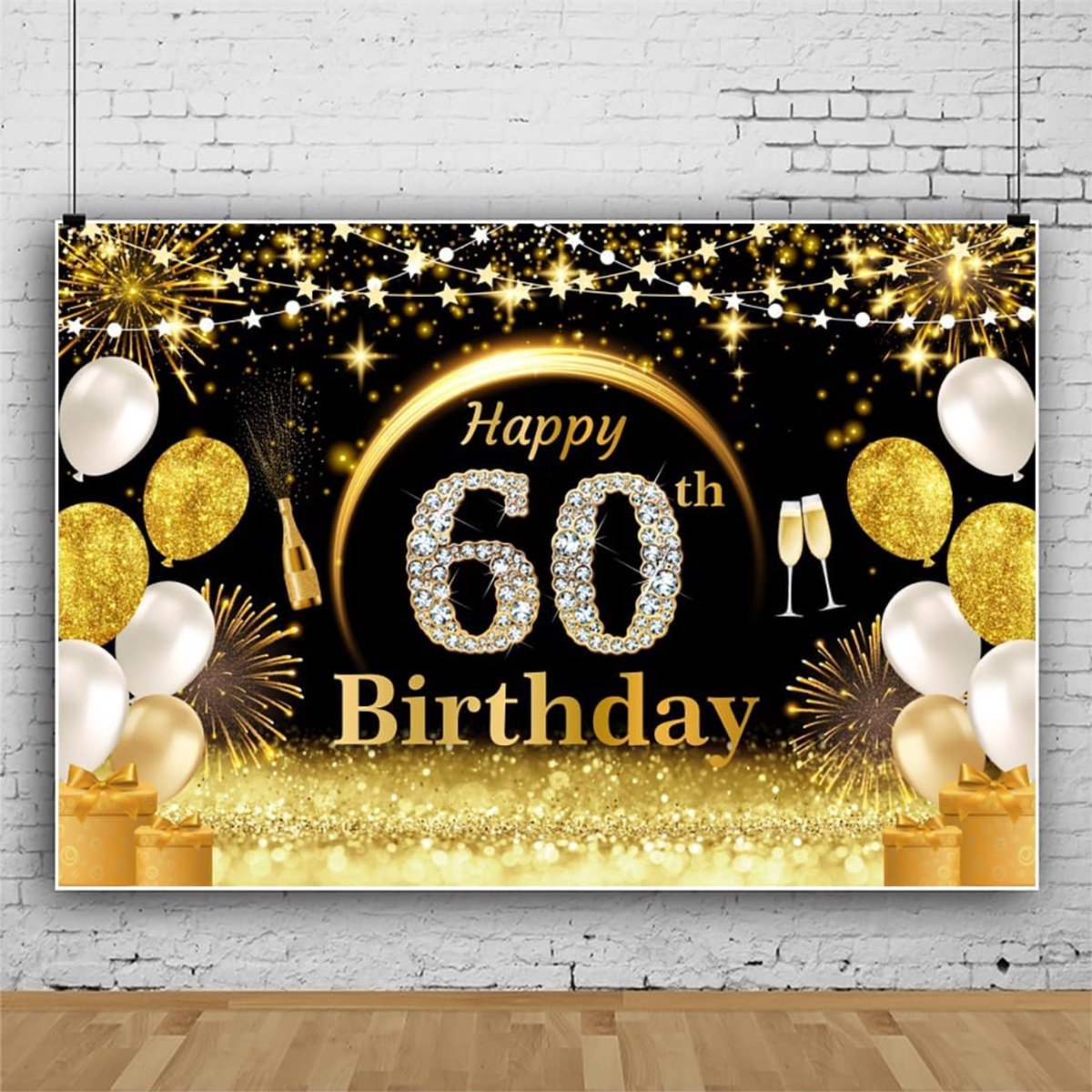 Verjaardagsachtergrond in zwart/goud, 2,2 x 1,5 m, 60e verjaardag, decoratieve banner, fotowand, achtergrond, vinyl fotobox, achtergrond voor 60e verjaardag, fotoshoot, feestachtergrond,