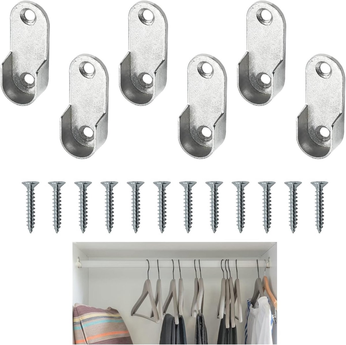 6 Stuks Garderobe Rail Houder Staaf Socket Zinklegering Flens Opknoping Rail Rod End Garderobe Pijp Beugel Beugel Ondersteuning einde met 12 schroeven voor 16mm Diameter Staaf (6 stuks)