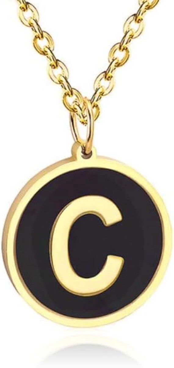 Goudkleurige Dames Schakelketting met Zwarte Kettinghanger Letter C