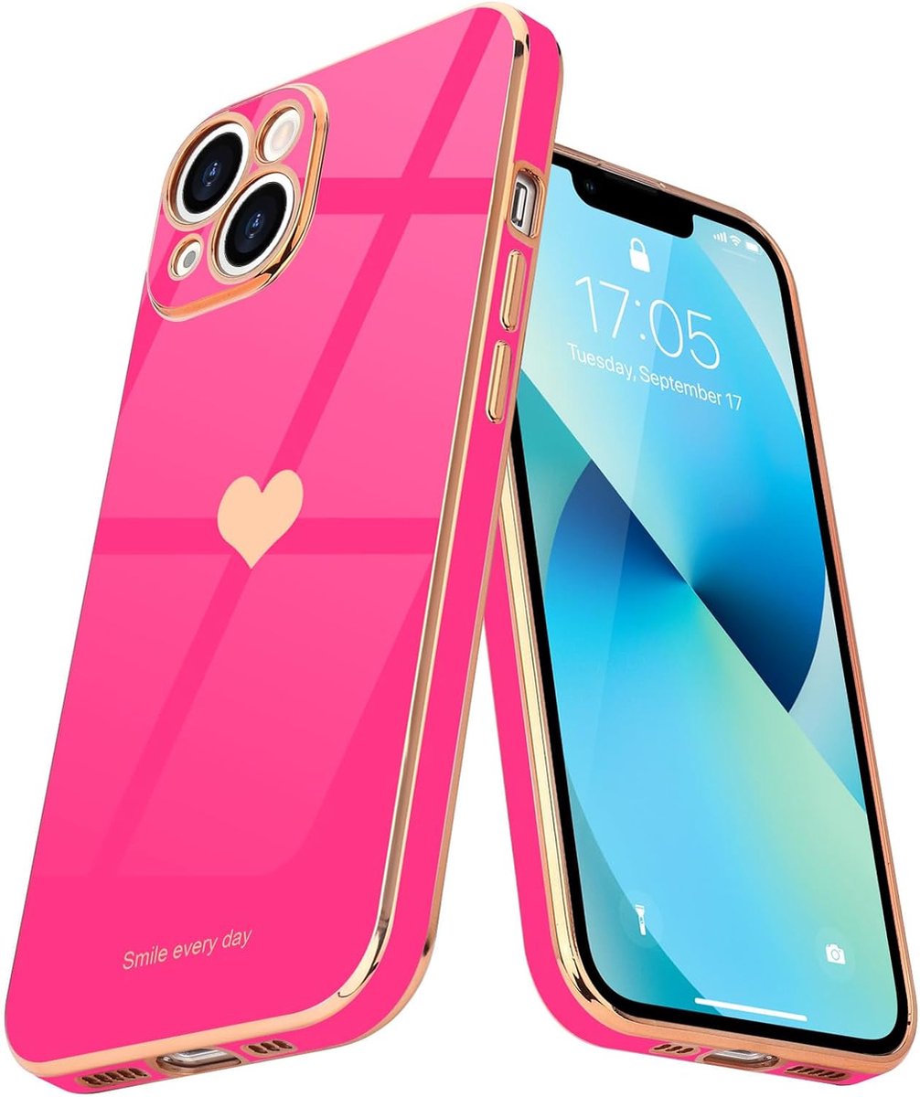 Telefoonhoesje voor iPhone 13 met schattig hartpatroon voor vrouwen en meisjes, slanke luxe bling-plating van zacht TPU, anti-kras schokbestendige bumperhoes voor iPhone 13, felroze