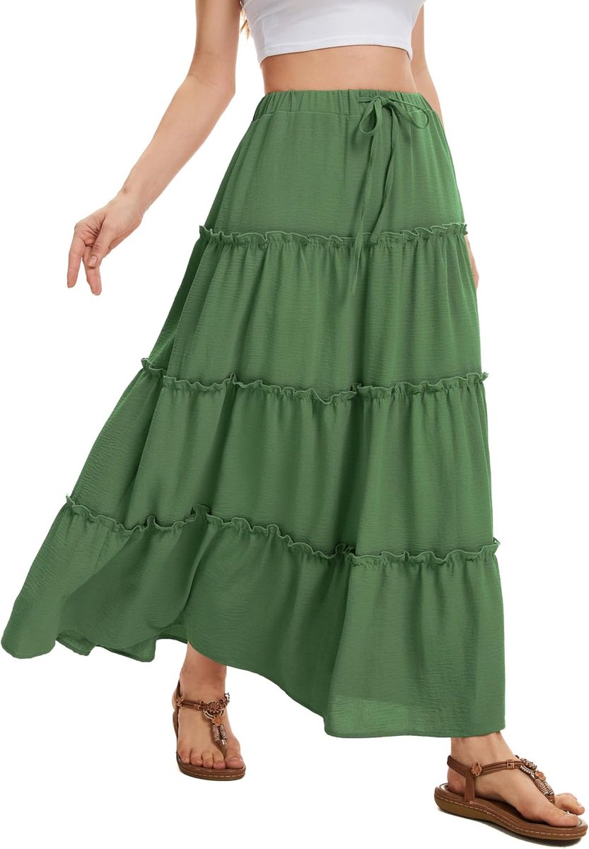 Maxi Rok voor Dames Elastische Hoge Taille met Trekkoord Zomerse Gelaagde Lange Rok met 2 Zakken Voor Dagelijks Gebruik Vakantie & Casual Draag