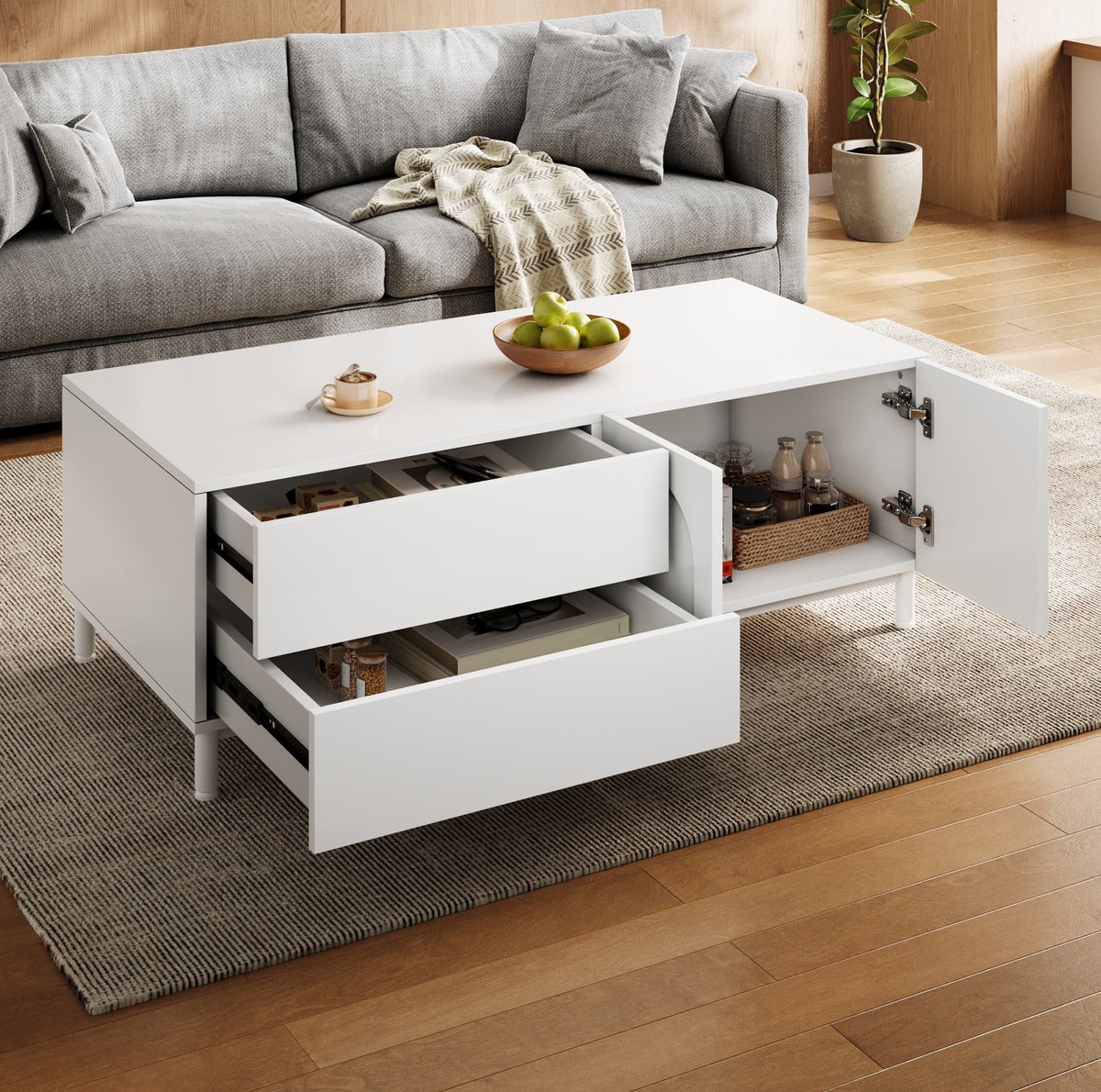 REDOM Salontafel met opbergruimte - 2 laden en 2 deuren - Gesloten opbergruimte - Moderne stijl - Woonkamer - MDF en spaanplaat - Wit - 100 x 50 x 39,5 cm