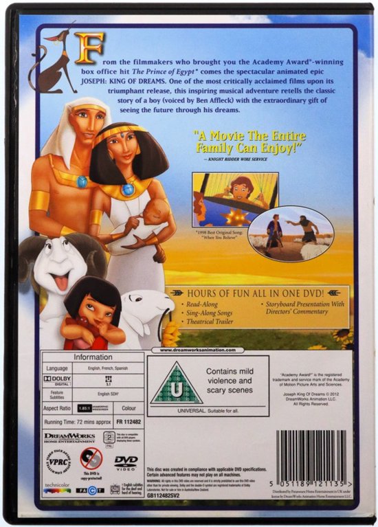 Achterkant van Joseph: King of Dreams DVD met personages, filmscènes, tracklist en technische specificaties.