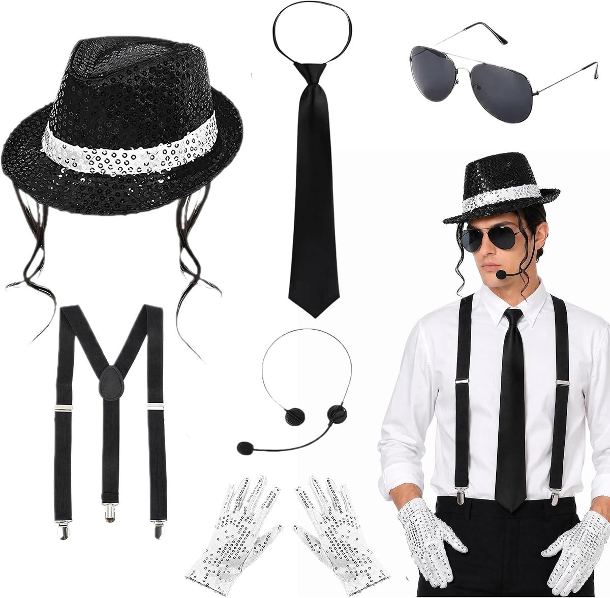 Kostuumaccessoires 6delig, Jaren 80s Danser Rockster Disco Kostuum Met Paillettenhoed, Handschoenen, Headsetmicrofoon, Zonnebril, Bretels En Stropdas, Halloweenoutfit Voor Carnaval, Rollenspellen