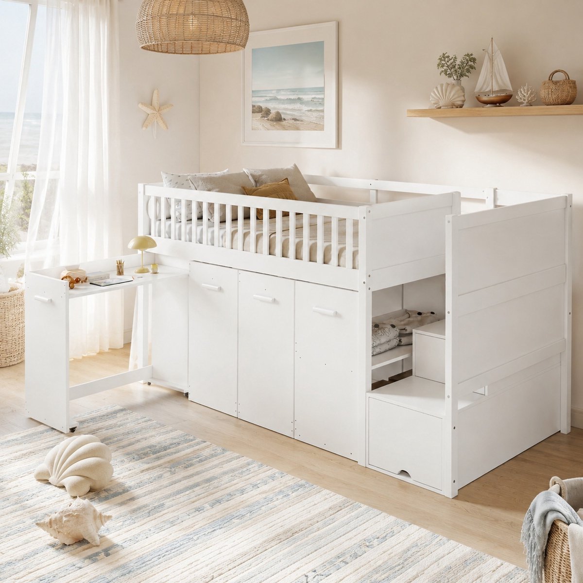 WUVRIE Hoogslaper 90x200 cm met bureau, kledingkasten, opbergtrap en veiligheidshek, wit