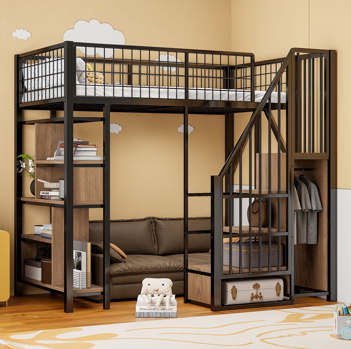 WUVRIE Hoogslaper 90 x 200 cm met opbergtrap, opbergkast en open ruimte onder bed, zwart