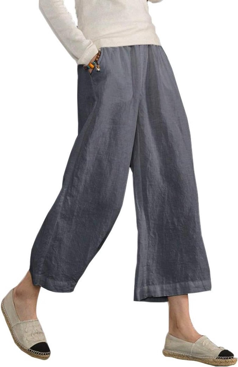 Damesbroek, vloeiend, breed, grote maat, zomer, katoen, casual, getrimd 7/8, Grijs, 38/40 NL