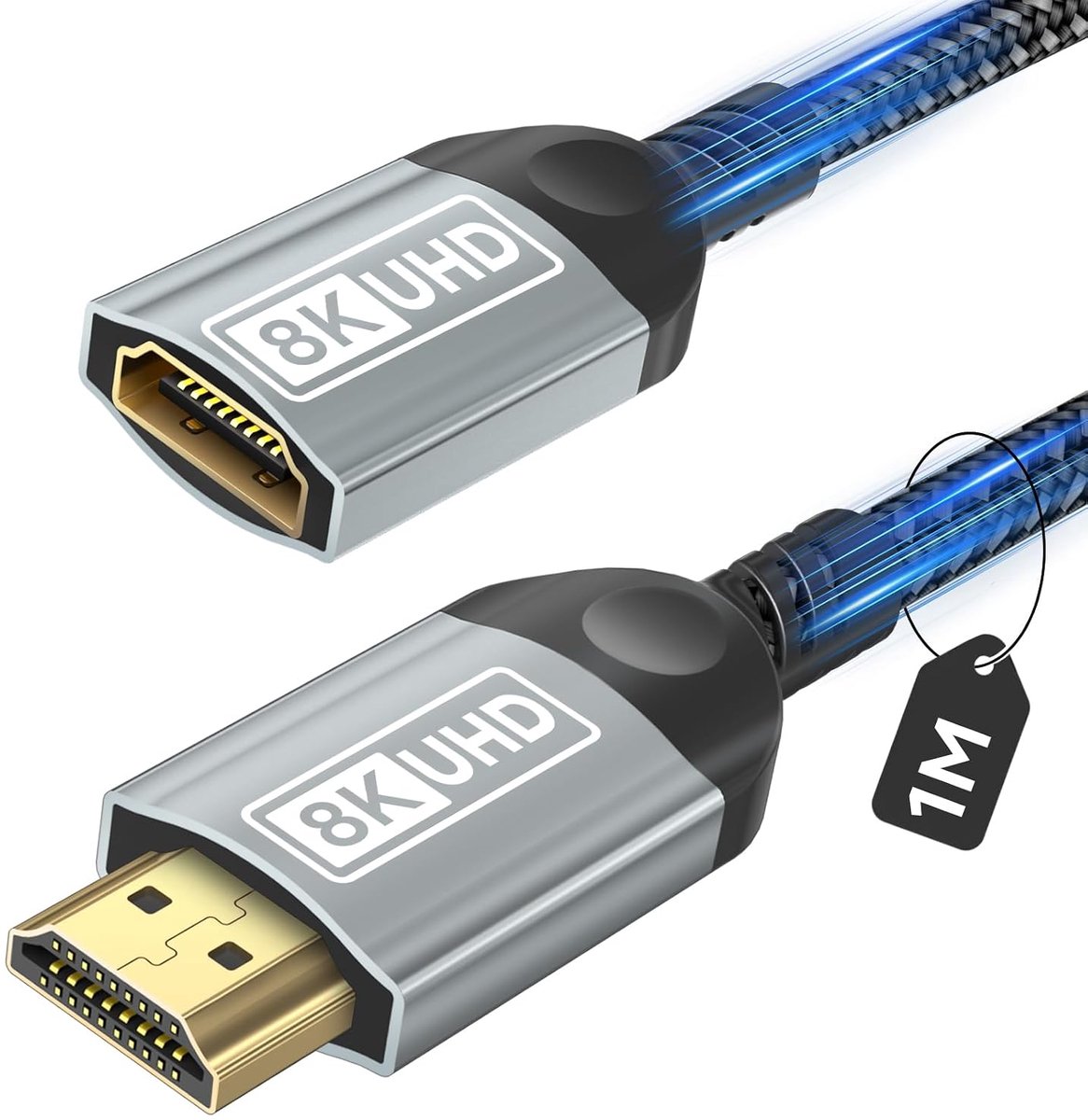 HDMI-verlengkabel, 8K HDMI-verlengkabel Mannelijke naar Vrouwelijke Adapterkabel 18Gbps Hoge Snelheid UHD HDR ARC 3D Compatibel met TV Stick Roku Blu-Ray Xbox PS5 PS4 HDTV Laptop-1m