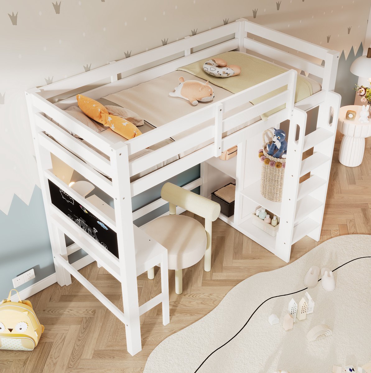 WUVRIE Kinderhoogslaper 90x200 cm met bureau, open kledingkast, krijtbord en valbeveiliging, wit