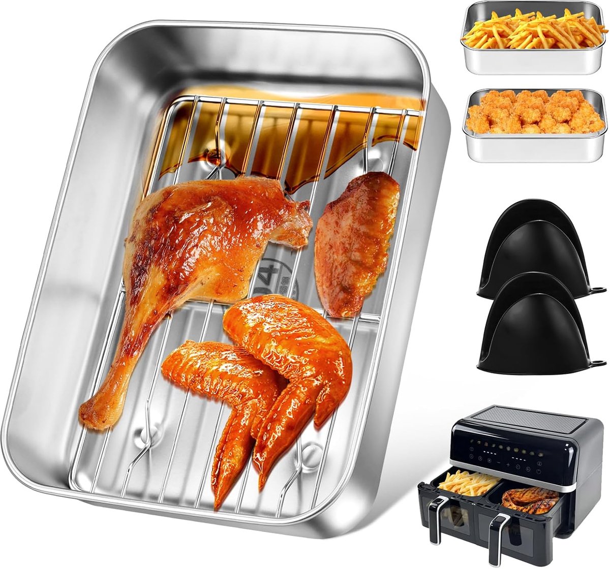 ovenschaal voor Airfyer – met afdruiprooster, afdichtingsdeksel en hittebestendige handgrepen, braadpan met zeef, roestvrijstalen braadpan voor heteluchtfriteuse, accessoires geschikt