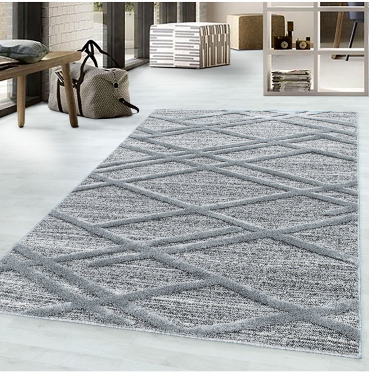 TapisTrend Harig tapijt Grijs 160 cm rond geometrisch vloerkleed met opstaande kruislijnen, 20 mm poolhoogte, modern design voor woonkamer en slaapkamer