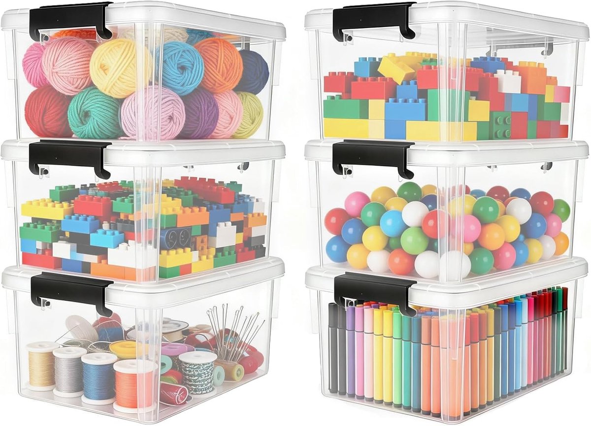 Set van 6 kleine opbergdozen, 1,25 l, stapelbare opbergdozen, klein, 17,7 x 13 x 8,2 cm, transparante kunststof doos, voor schrijfwaren, knutselmateriaal, haaraccessoires
