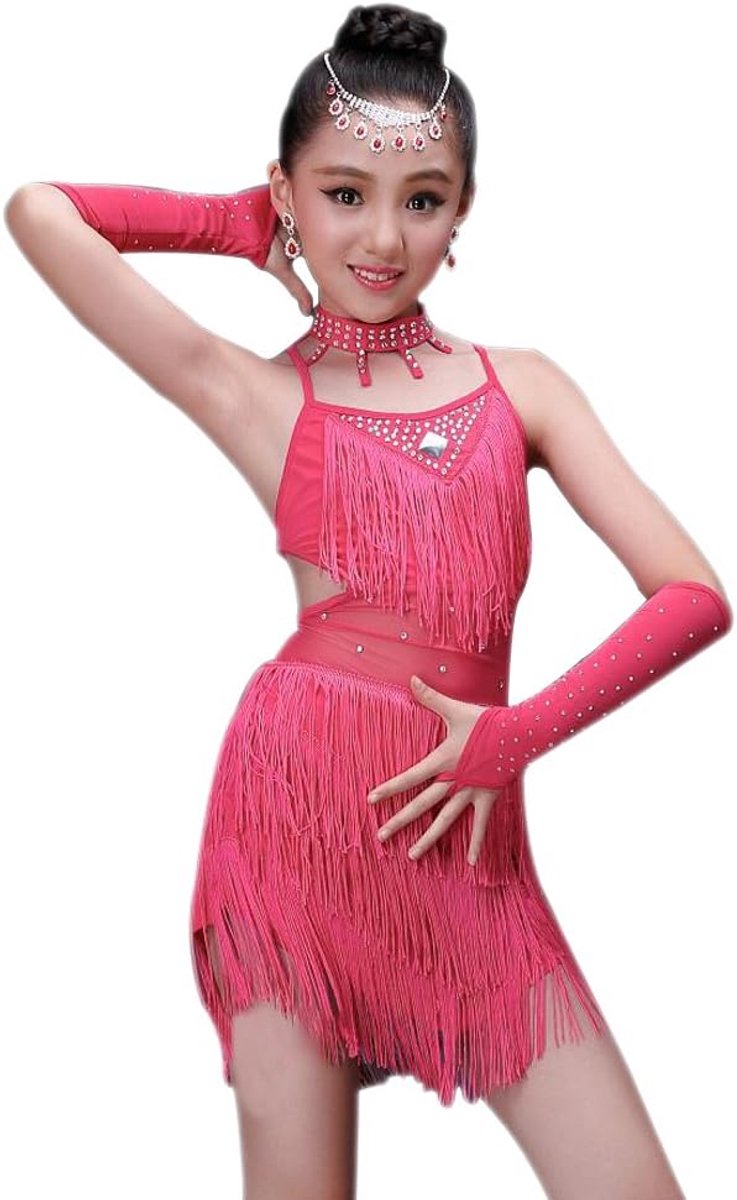 Meisjes Prestaties Ballroom Kostuum Pailletten Salsa Tango Kwast Latin Dance Jurk
