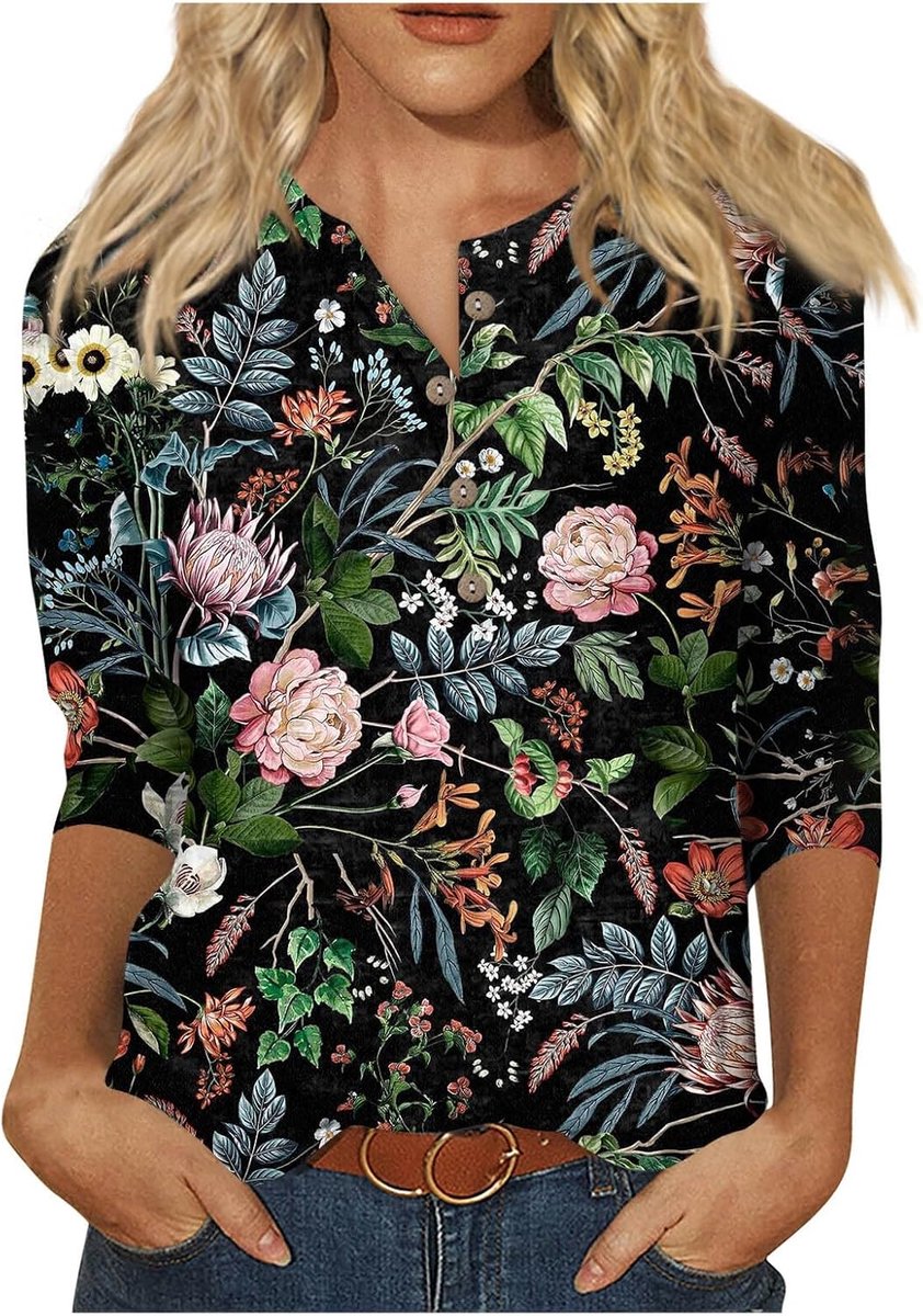 Generisch Damen 3/4 Arm Shirts, V-Ausschnitt Tunika Elegant Langarm Drucken Tshirts Sommer Blusen Locker Lässige Oberteile Tee Tops, S-5XL