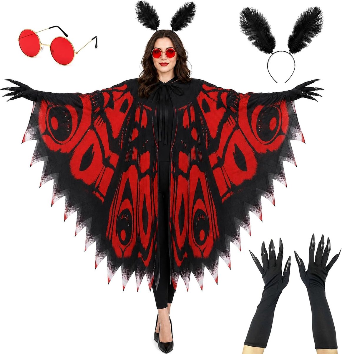 Vlinderkostuum voor dames, mottenvleugels, cape, zonnebril, hoofdband, handschoenen voor feest, kostuum, cosplay, carnaval