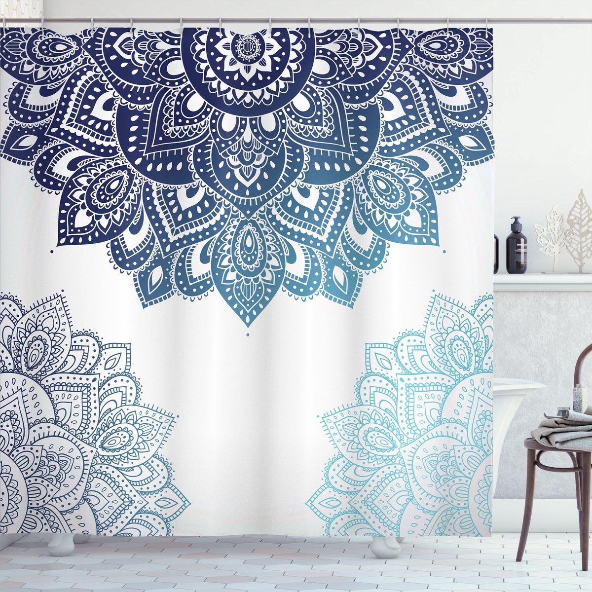 ABAKUHAUS Henna Douchegordijn, Vibrierende farbige Mandala, Stoffen Badkamerdecoratieset met Haken, 175 x 200 cm, Lichtblauw Donkerblauw