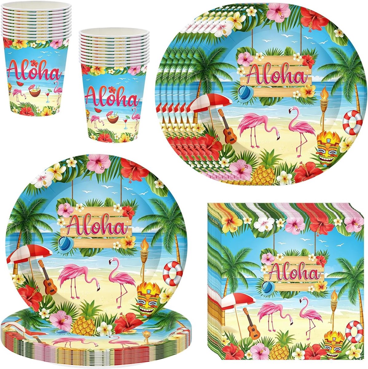 Verjaardagsfeestserviesset voor 20 gasten, 60 stuks Hawaii-feestdecoratie met flamingo, papieren borden, kopjes en servetten, flamingo-decoratie, voor zomerfeesten, kinderverjaardag
