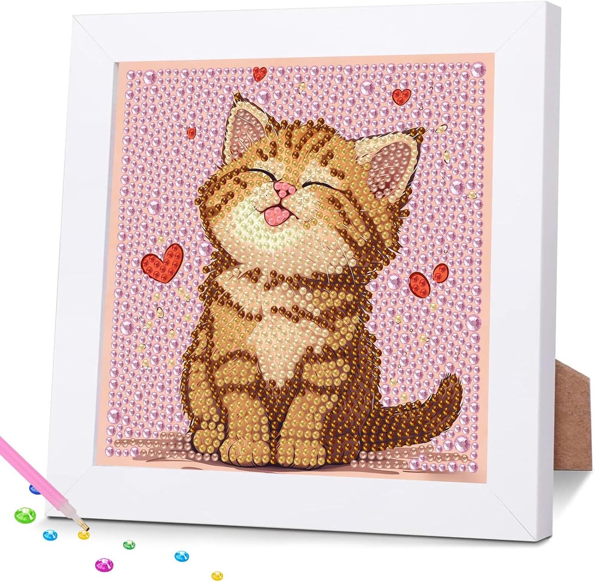 Leuke kat diamond painting voor kinderen met lijst, DIY Diamond Art dieren voor beginners, diamant schilderij voor meisjes jongens geschenken, bureau home muur dek 15 x 15 cm