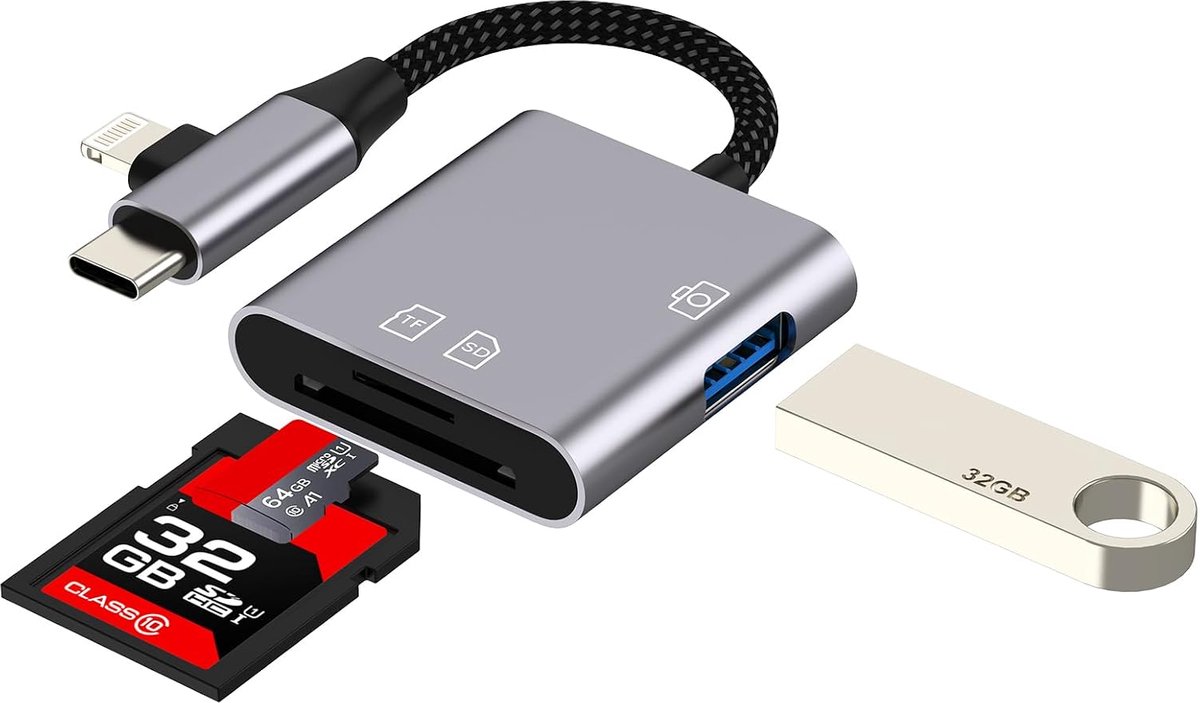 USB C OTG adapter Lightning voor iPhone 17 16 15 14 Pro Max compatibel met Samsung Galaxy Micro SD Card Reader TF-kaart Memory Stick geheugenkaart overdracht naar mobiele telefoon voor