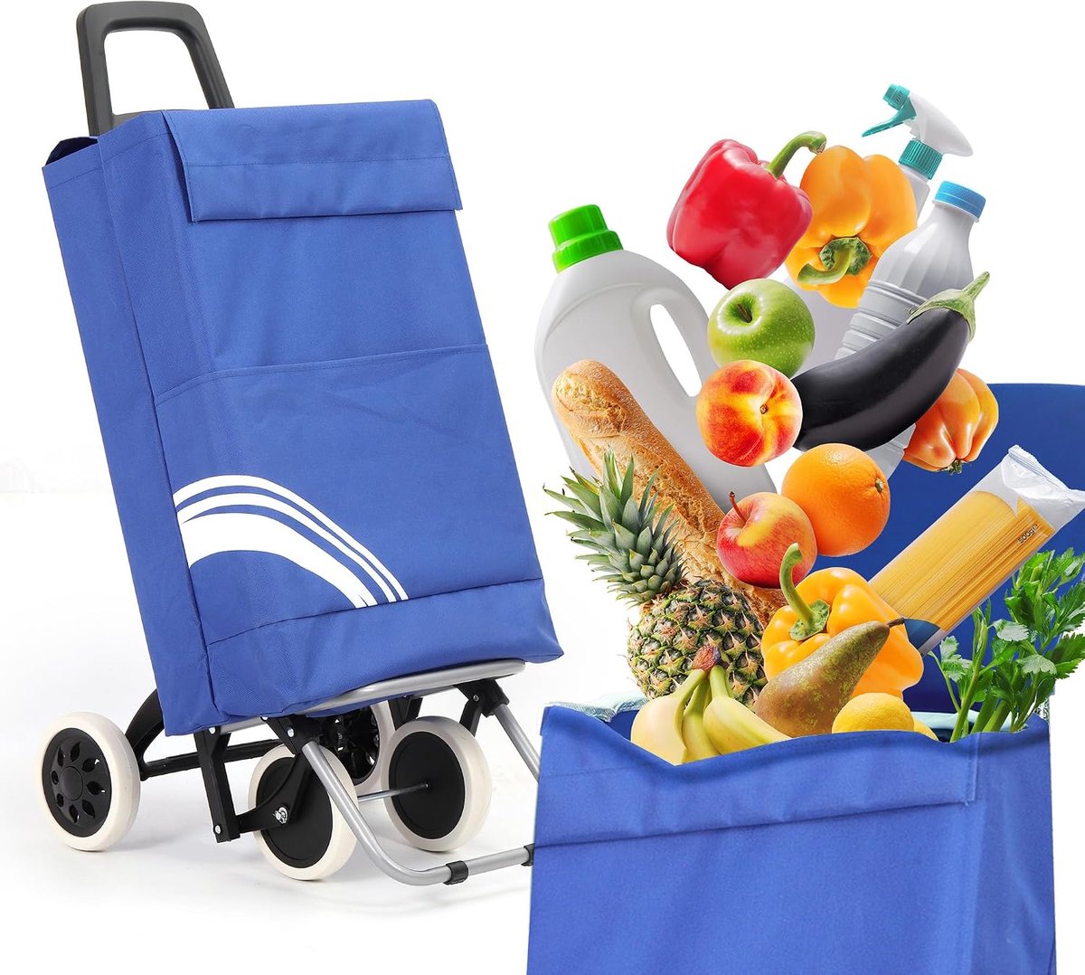 40 liter waterafstotende trolley boodschappentrolley inklapbaar, Shopping Trolley, winkelwagen opvouwbaar, boodschappentas met 4 wielen, boodschappenmand met wielen (blauw/wit)