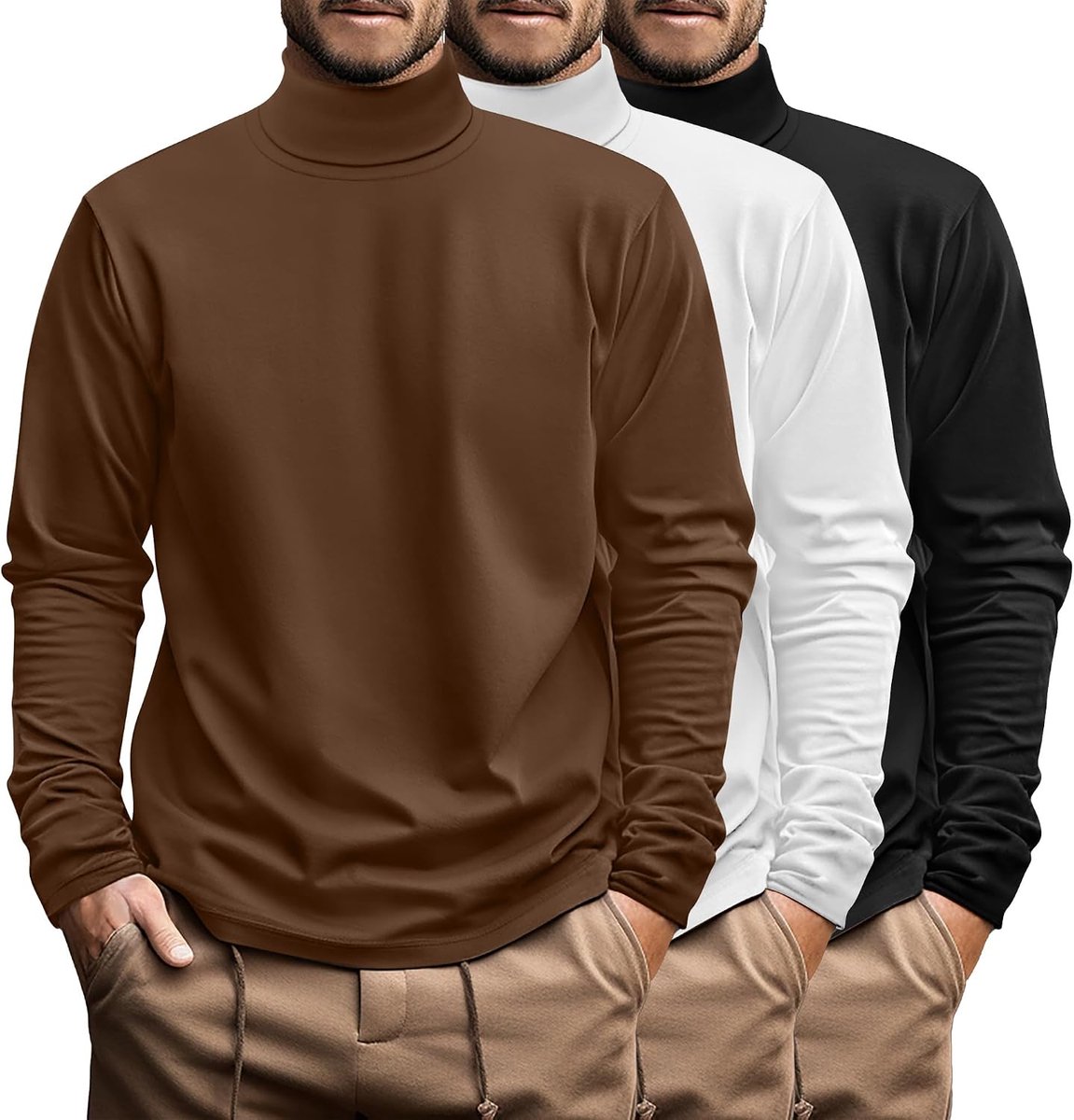 Set van 3 grote en lange coltrui voor heren, katoen, lange mouwen, coltrui, tops, grote maten, losse pasvorm, basic T-shirt