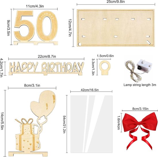 50 jaar geschenken, geldgeschenk verjaardag 50 met LED-lichtsnoer, 50e verjaardag, decoratie, wenskaart voor de 50e verjaardag, gastenboek gemaakt van hout, cadeaus voor 50e verjaardag heren dames — afbeelding 2