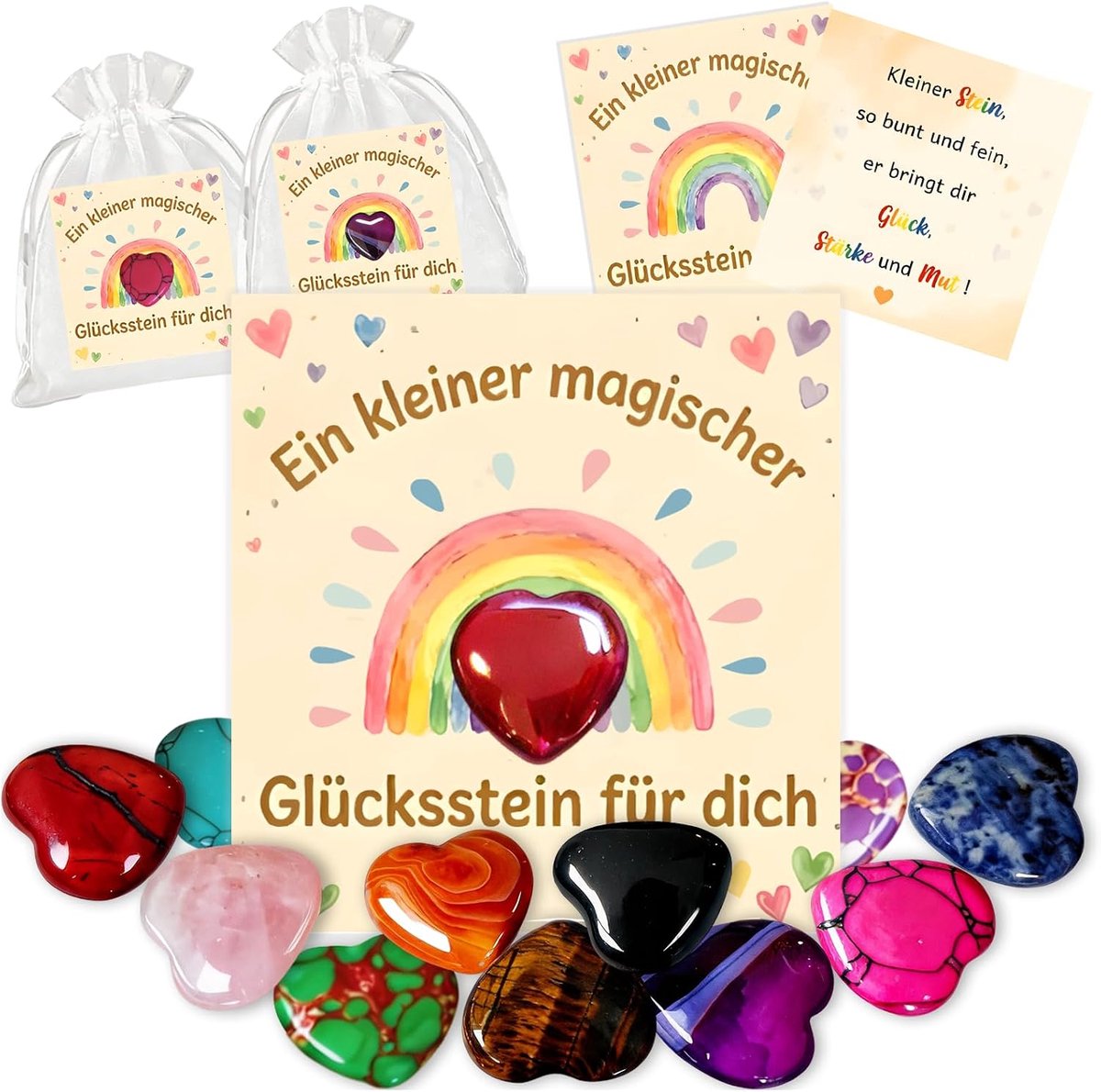 20 stuks geluksstenen, hart, stenen met kaart, natuurlijke kristallen, edelstenen, liefde, kleurrijke stenen, geluksbrenger, oudejaarsdecoratie, 2026, nieuwjaarscadeaus, Valentijnsdag