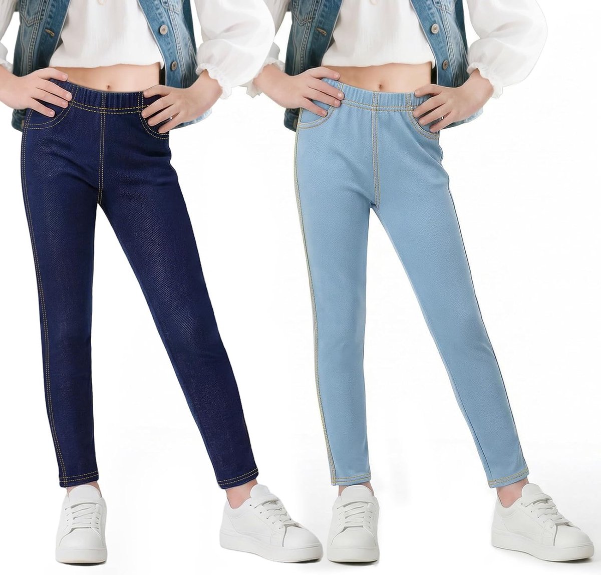 Leggings Meisjes Jeans-look leggings, pakket van 2, Kinderen Lange broeken met zakken Jeggings Broeken, 5-13 jaar, maat 116-158