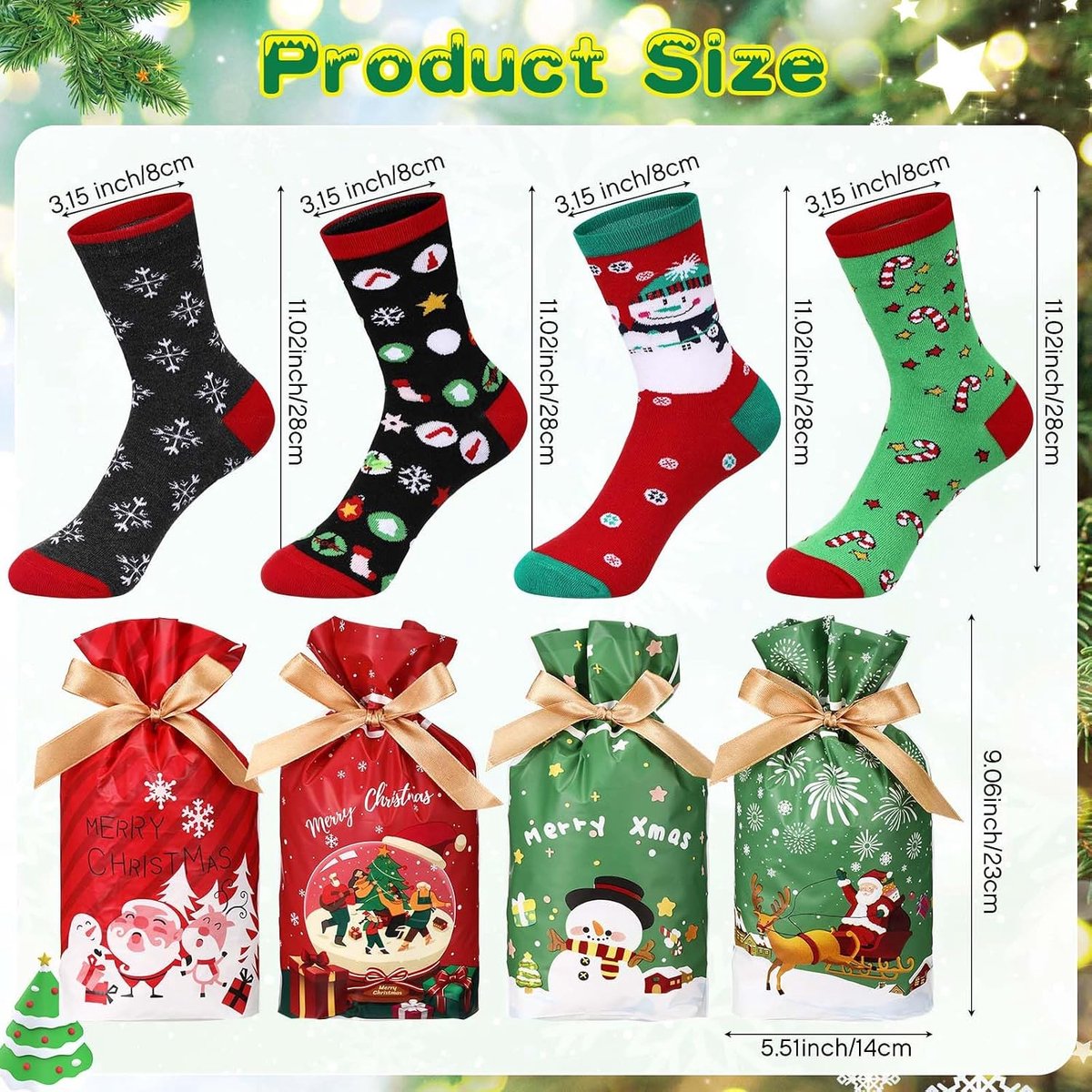 4 paar kerstsokken voor dames en heren, nieuwigheid sokken geschenken met trekkoord tas kerstkous vullers winter kerstsokken voor kerstavond, Meerkleurig, One size