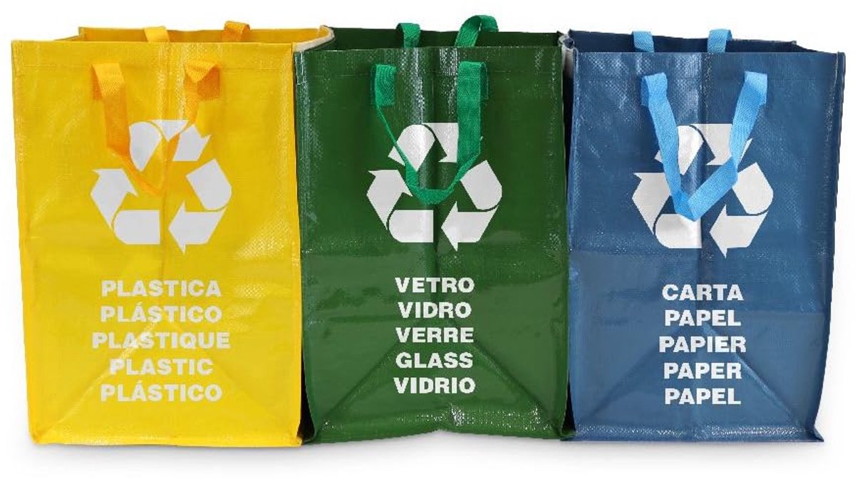 Set van 3 gerecycleerde tassen - Duurzame draagtassen voor glas, plastic en papier - Klittenbandhaken, gemakkelijk te legen - geel, groen, blauw