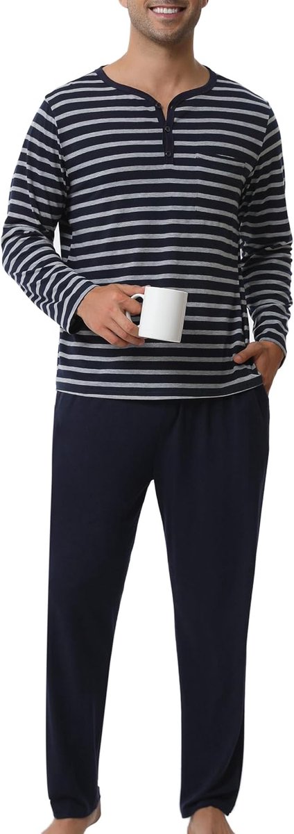 Pyjama Heren Katoen Set Pyjama Tops T-shirt Lange Mouwen Ronde Hals met Knopen Huiskleding Plaid Plaid Nachtkleding Grote Maat Zacht Comfortabel M-4XL