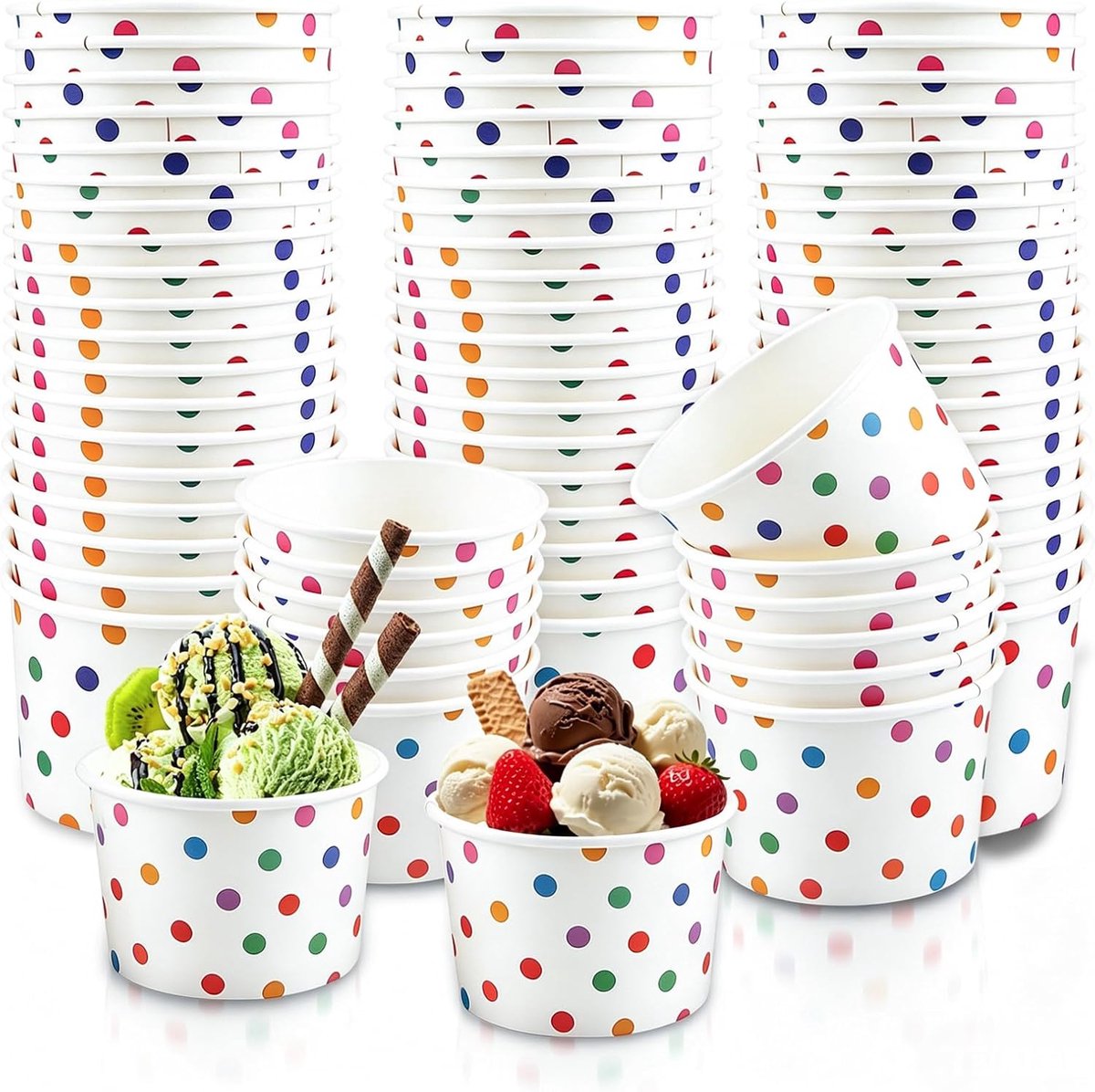 IJsbekers van karton, 50 stuks ijsbekers set met 50 stuks lepels, kartonnen bekers, kleurrijk, papieren bekers, dessertbekers, kartonnen schalen, voor ijs, dessert, bevroren yoghurt