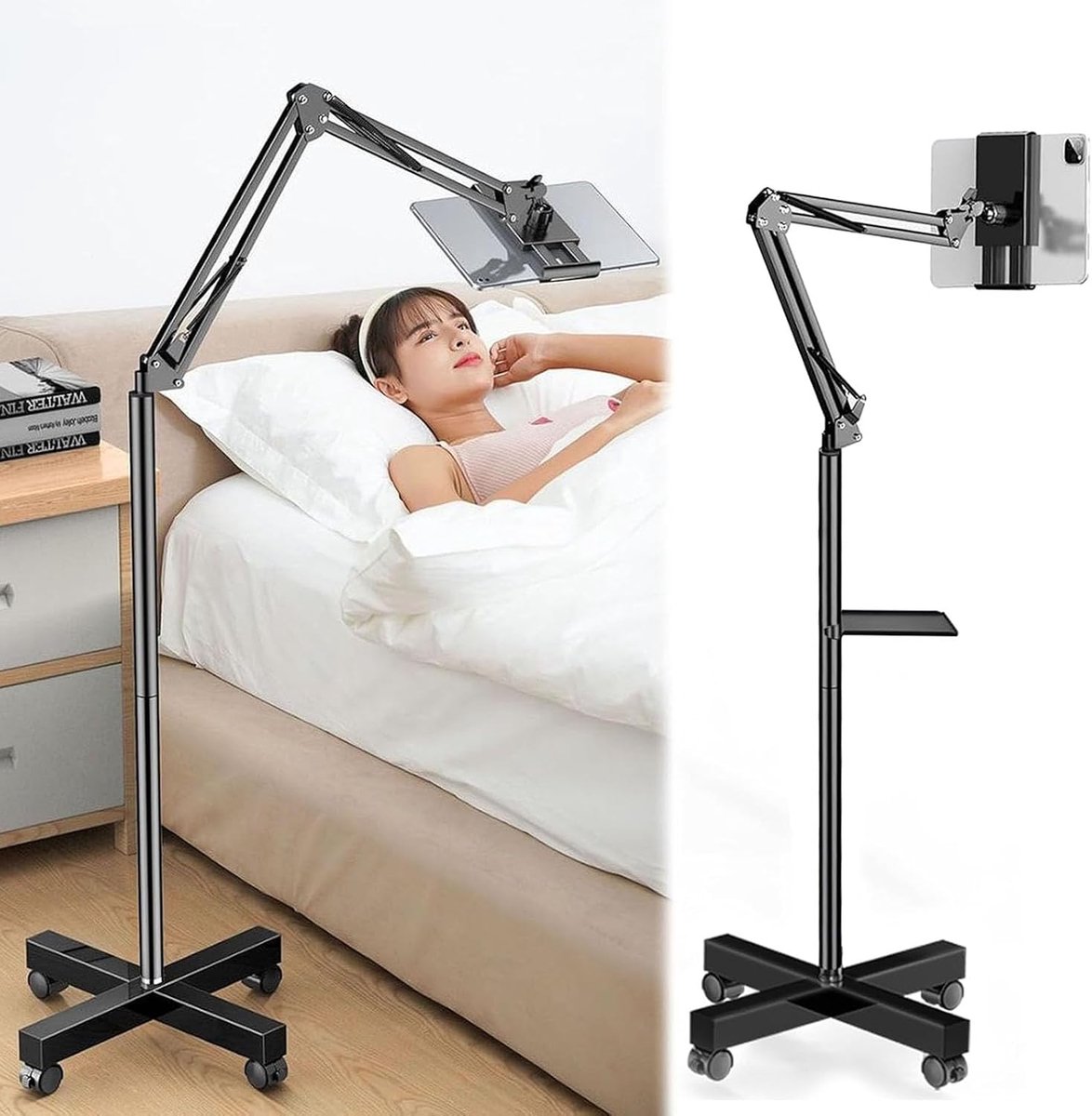 Houder, Tablet Stand Verstelbare Tablet Stand Zwanenhals Tablet Houder met Wielen Gratis Beweging voor iPad iPhone Samsung Tab Smartphone E-reader