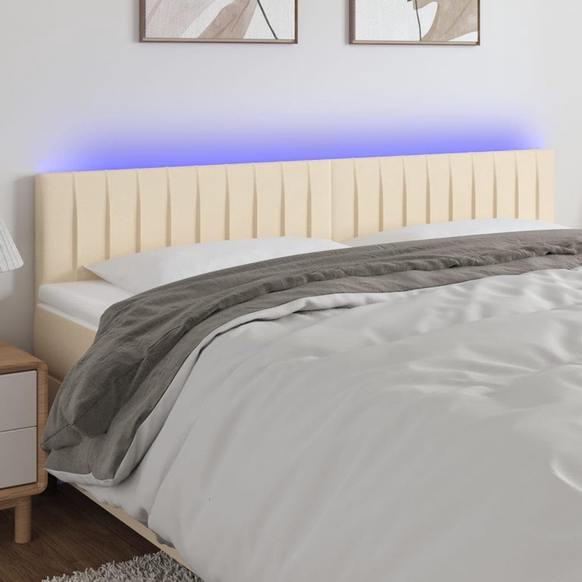 Bedhoofdeinde met led, crème, 200 x 5 x 78/88 cm, textiel, in hoogte verstelbaar, led-strip, snijbaar, rugsteun, modern design, USB-aansluiting, montagehandleiding