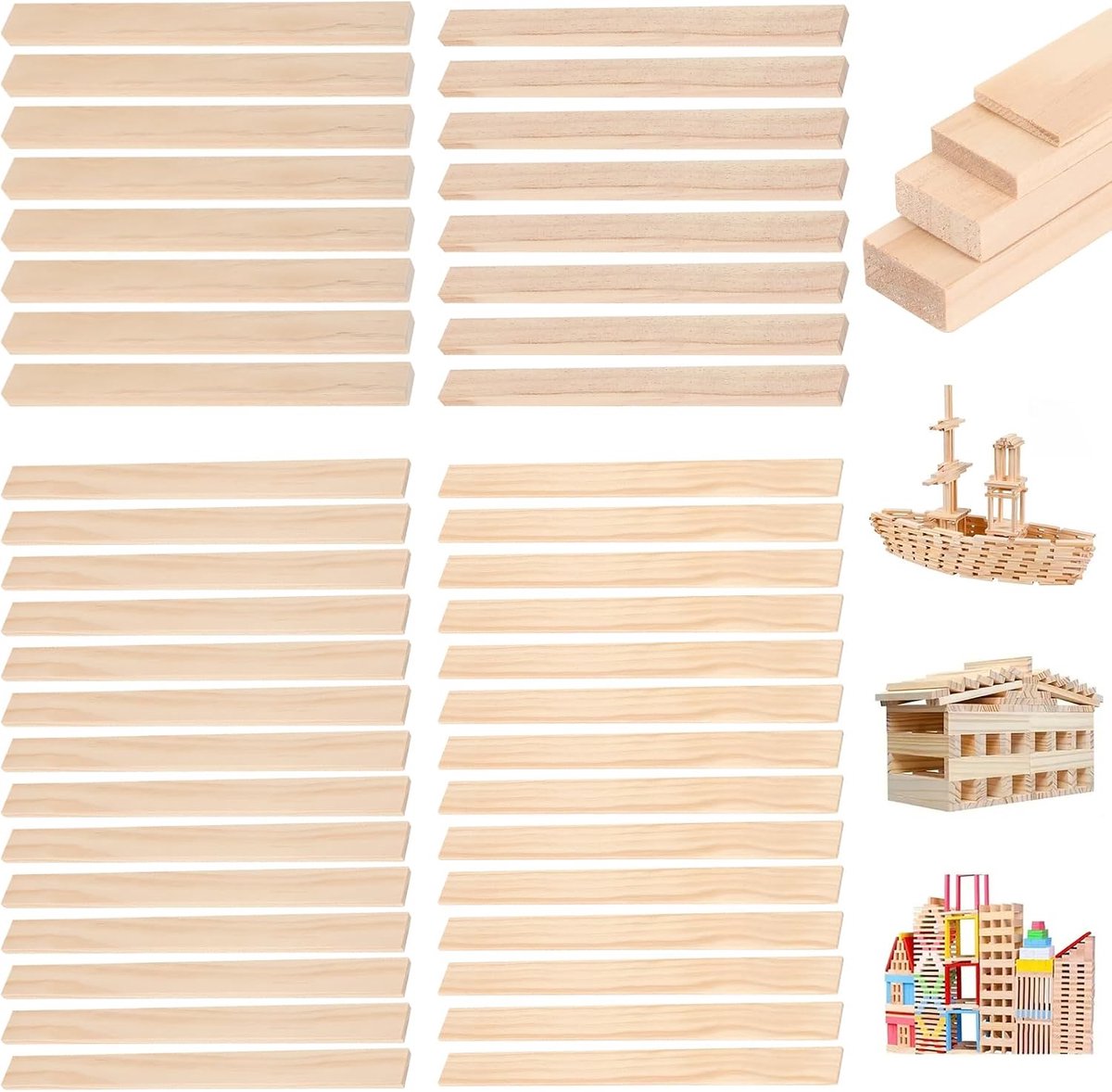 Houten lijsten in verschillende maten, dunne houten platen, vlakke lijsten & vierkante staven voor knutselen, houtbewerking, modelbouw en kunstnijverheid (30 cm, 44 stuks)