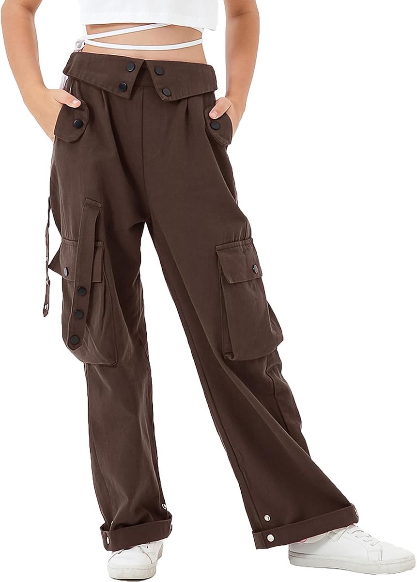 Baggy cargobroek voor meisjes, elastische taille met meerdere zakken, wijde pijpen, cargobroek voor kinderen