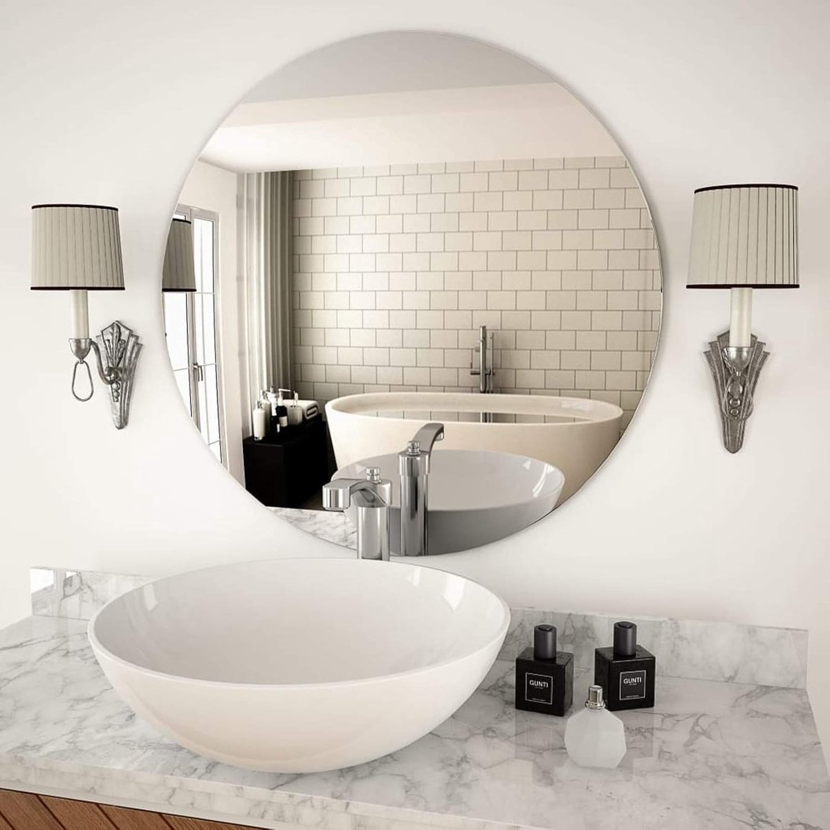 Wandspiegel van glas, moderne wandspiegel, badkamerspiegel aan de muur, moderne make-upspiegel, ronde Pretspiegel, rechthoekig, frameloze spiegel
